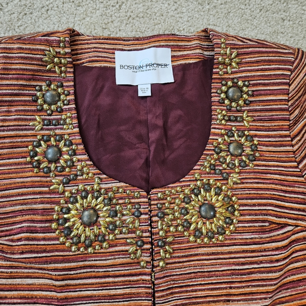 Boston Proper Women's Size 16 Embellished Striped Short Sleeve Jacket - Picture 6 of 13